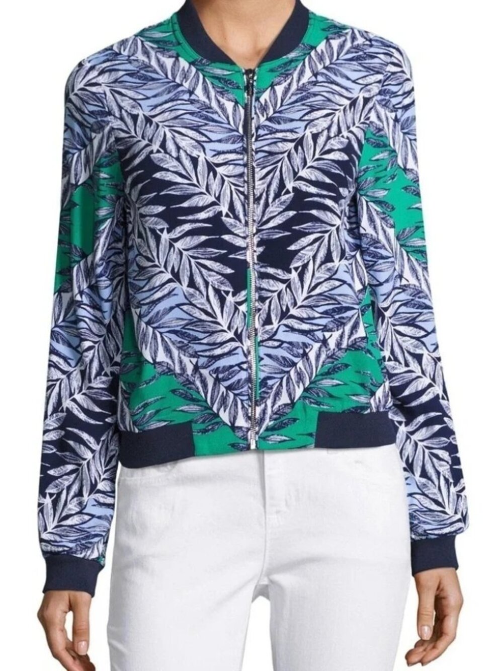 LAUNDRY by SHELLI SEGAL Blue Green White Palm Leaf Print Bomber Jacket – 10
